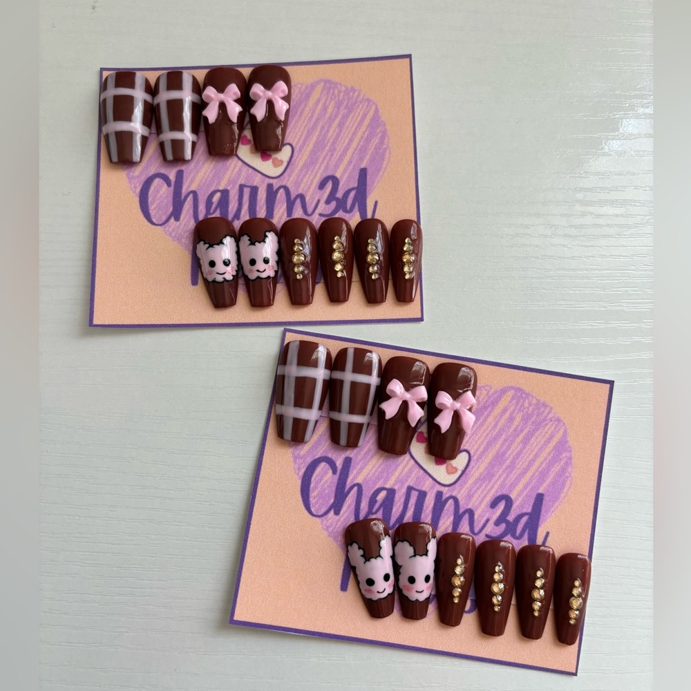 Handmade Press On Nails CuteBrownBow 20 pc set medium coffin nails